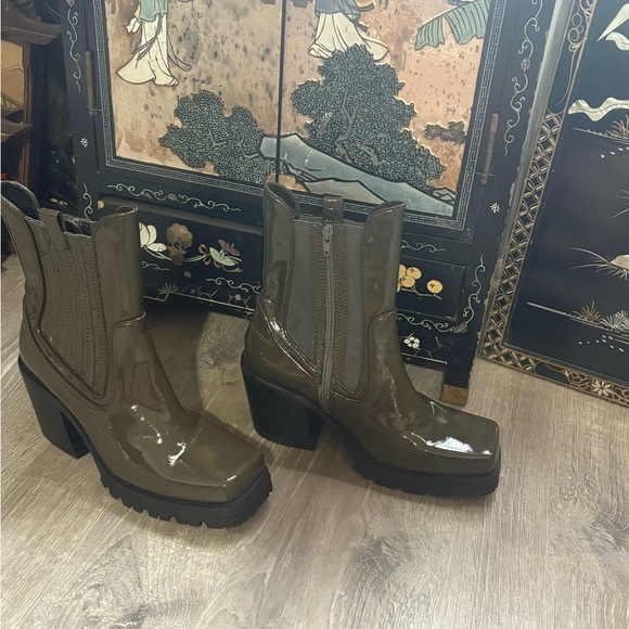 Jeffrey Campbell Shoes - Olive Green Sabine Chelsea Moto Patent Leather Boots